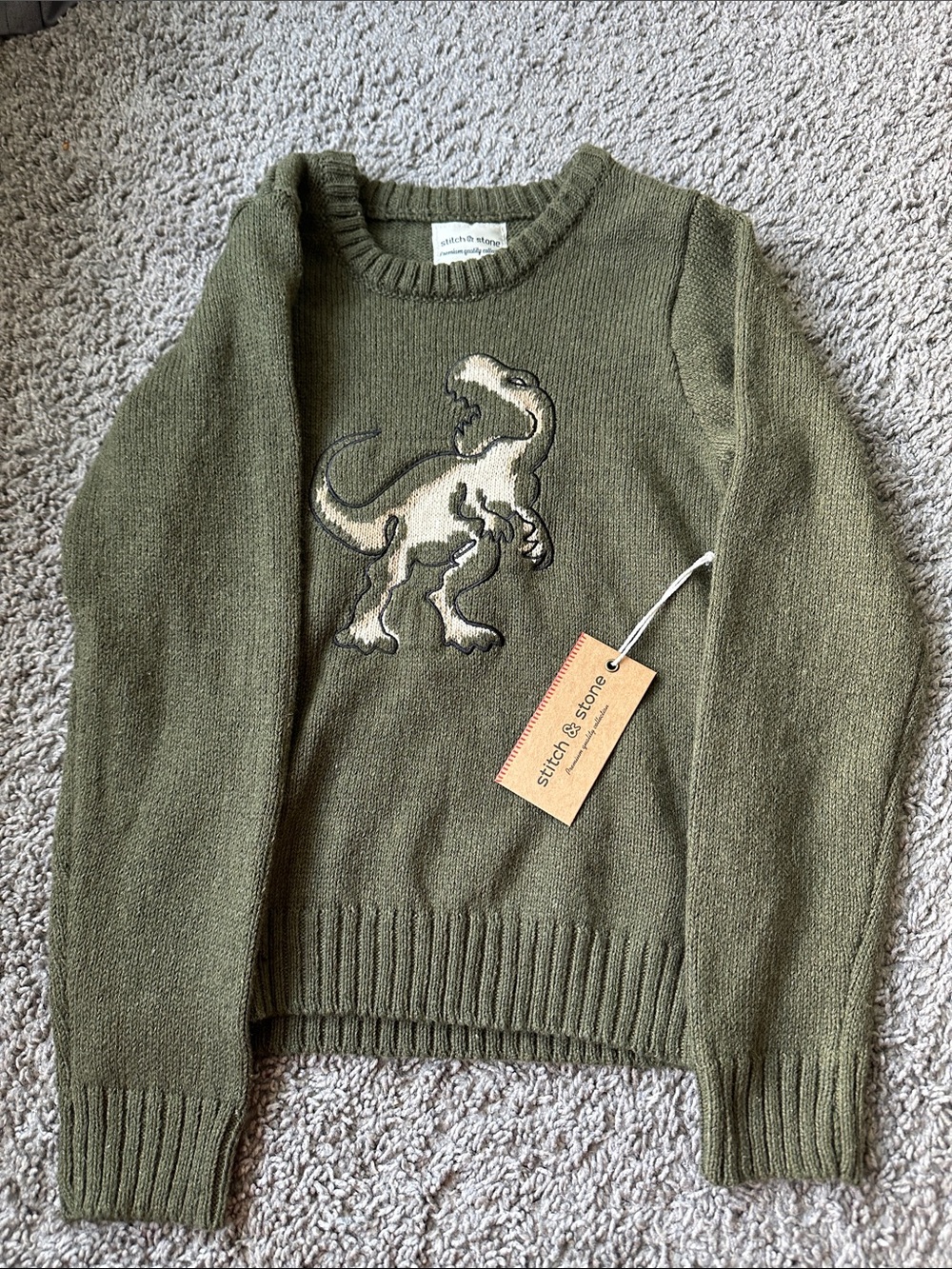 Olive Green Dino Knit Sweatshirt